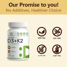 Supplement Vitamin D3K2, 250 Veggie Softgels, 2 In 1 (5000 D3+100mcg K2 MK7)| Healthy Bones, Teeth, Heart, Immune System Healthcare Dietary Fitness Edible - 一 - 查看 1