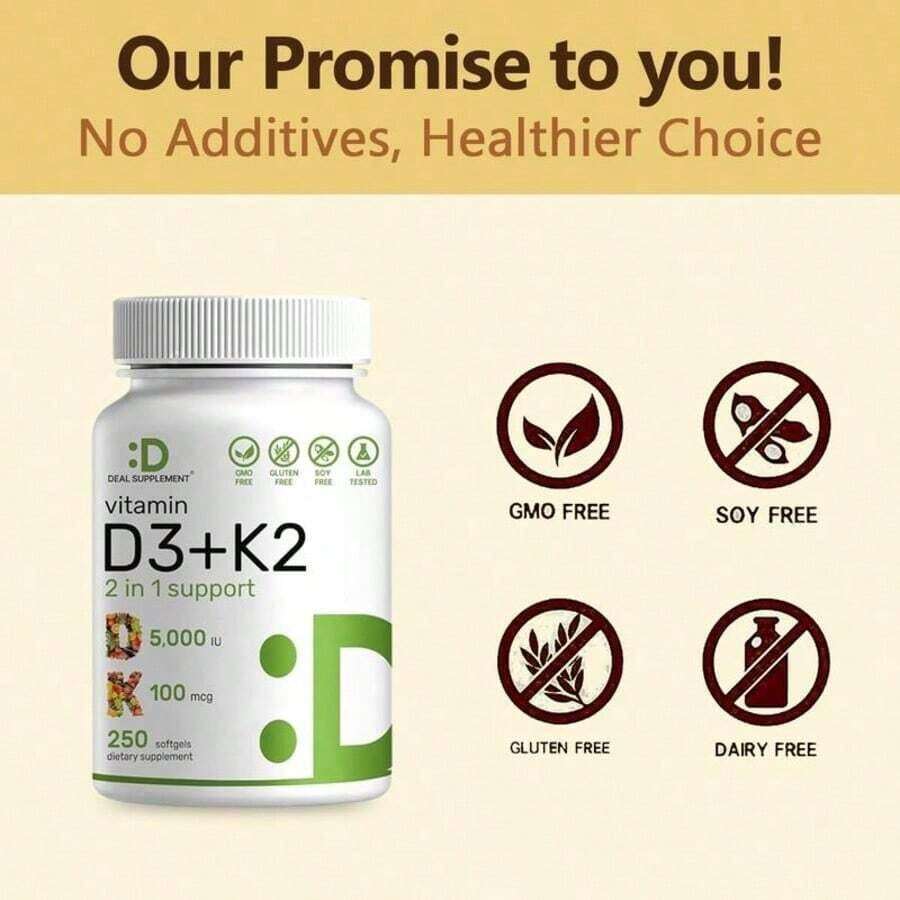 Supplement Vitamin D3K2, 250 Veggie Softgels, 2 In 1 (5000 D3+100mcg K2 MK7)| Healthy Bones, Teeth, Heart, Immune System Healthcare Dietary Fitness Edible - 一 - 查看 1