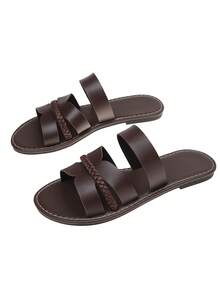 Breathable Woven Decor Double Strap Flat Open Toe Casual Slippers For Teenagers, Spring/Summer, White, Dark Brown, Brown, Black - Coffee Brown - View 7