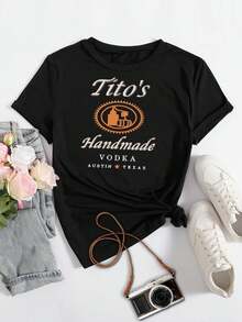Tito's Handmade Vodka Oversize Party T-Shirt For Women Big Size Alcohol Drink Yugoslavian Theme Apparel For Drinking Fun  Comfortable Fashion Celebrating Vodka Culture - 黑色 - 查看 2