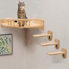 Wall-Mounted Cat Climbing Frame With Perch Set: Includes 1 Corner Cat Perch, 3 Cat Stepping Platforms; Sturdy Wall-Mounted Cat Tree For Cat Play & Climbing; Max Load 12kg (26lb) - Apricot - View 7