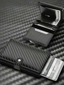 1pc Carbon Fiber Aluminum Alloy Credit Card Wallet Multi Card Slots Elastic Band Anti Theft RFID Blocking Metal Card Protector Daily Use Large Capacity Business Casual Gift For Men Women Dad Boyfriend - Black - View 8