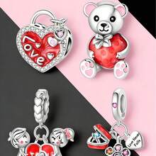 浪漫爱情泰迪熊吊坠串珠套装，925纯银红色珐琅吊坠，可搭配欧洲女士手链 - 彩色 - 查看 1