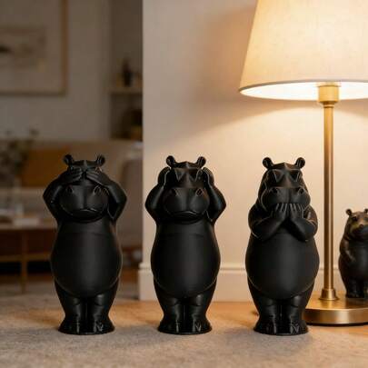 3pcs/Set Intelligent Hippo Statue Set - Hear No Evil, See No Evil, Speak No Evil, Home Decor Animal Sculpture Model, Suitable For Living Room, Office, Bookshelf, Holiday Gift For Valentine's Day, Christmas, Easter, Graduation, Birthday, Collectible