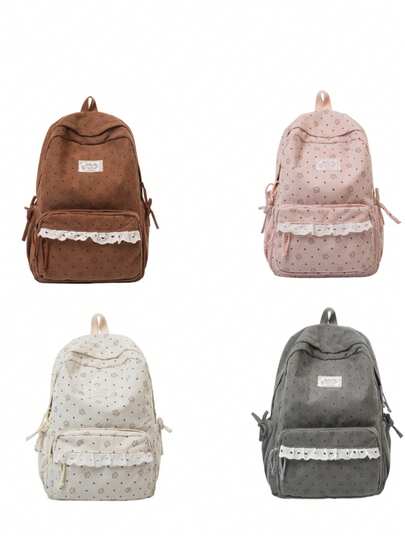 LECEY Vintage Corduroy Star Backpack With Lace Trim - Cute Japanese Style Student Bookbag