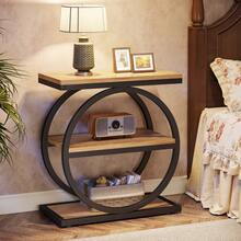 Side End Table With 3 Storage Shelves, Industrial Sofa Table With Round Metal Frame For Living Room, Engineered Wood Nightstand For Bedroom, Oak - Nâu nhạt và đen - Xem 10