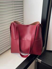 Bolso de hombro de PU de unicolor retro y versátil, bolso de cubo minimalista casual con textura - Rojo - Ver 1