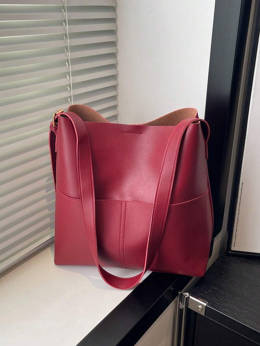 Bolso de hombro de PU de unicolor retro y versátil, bolso de cubo minimalista casual con textura - Rojo - Ver 1