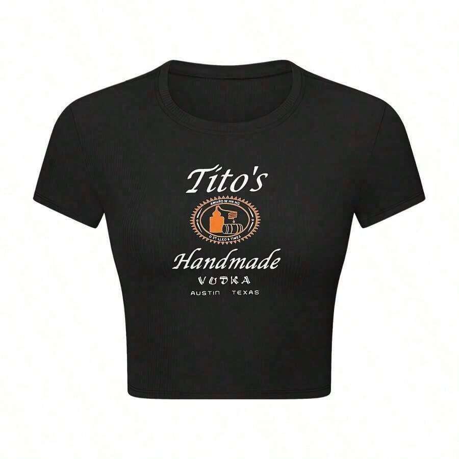 Summer Tops Tito's Handmade Vodka Women's Black Crop Top T-Shirt - Official Merchandise Summer Outfits For Women - 黑色 - 查看 1