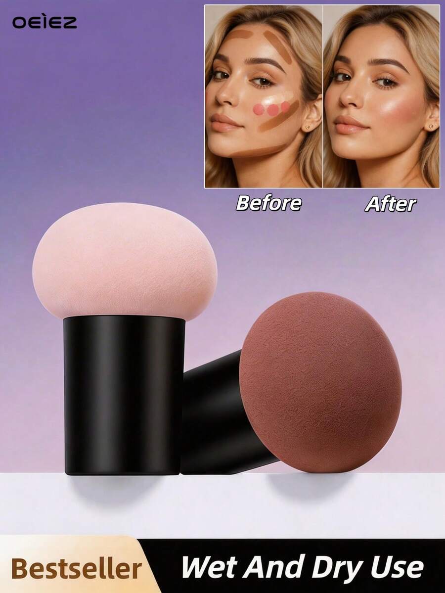 1pc Mushroom Head Foundation Puff With Handle, Wet & Dry Use Makeup Sponge Blender, Soft Flawless Cosmetic Puff For Liquid Cream Concealer Powder - Multicolor - View 1
