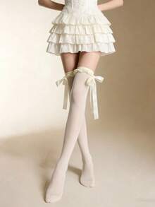 1 đôi tất dài đến đùi màu trắng viền satin gợi cảm, chi tiết mềm mại như lụa, thích hợp cho đám cưới, tiệc tùng, kỳ nghỉ và mặc hàng ngày. - Nhiều màu - Xem 3