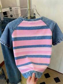 时尚牛仔印花与粉色条纹碰撞，女士夏季穿搭，女士沙滩装，女士休闲衬衫，女士休闲圆领短袖T恤 - 淺粉色 - 查看 5