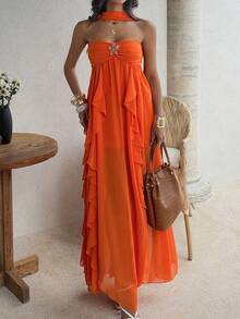 Women's Sexy Orange Spaghetti Strap Backless Ruffle Rhinestone Star Dress, Lining, Suitable For Vacation, Beach, Wedding Guest Elegant - Orange - View 7