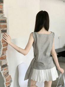 Áo gile kẻ caro cho nữ, kiểu dáng mùa hè, áo crop top phong cách retro thắt eo. - Màu be - Xem 4