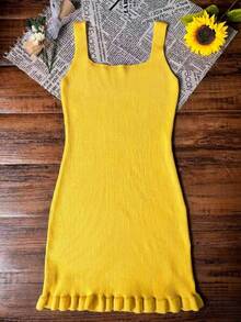 女士夏季方领修身针织连衣裙，荷叶边下摆设计，适合夏季、度假、海滩、街头、日常、工作、办公室派对、郊游、嘉年华、音乐节、情人节、聚会等场合。 - 黃色 - 查看 7