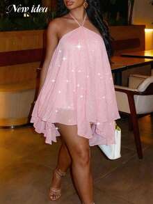 Đầm ngắn màu hồng cổ yếm đính sequin dành cho nữ, kiểu dáng rộng rãi, thoải mái, hoàn hảo cho những buổi đi chơi hàng ngày, tụ họp bạn bè hoặc lễ hội âm nhạc. - Hồng - Xem 1