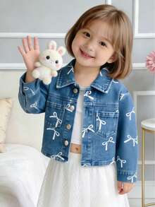 女童时尚甜美牛仔外套，春秋季短款纽扣前襟外套，饰有白色蝴蝶结印花，休闲日常外出外套，带口袋设计，适合小女孩穿着 - 藍色 - 查看 3