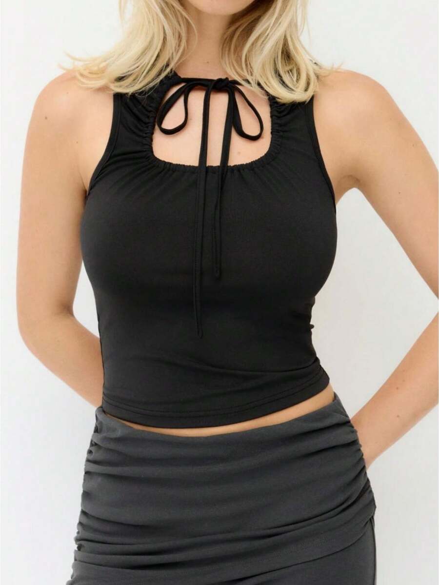 Womens Tie Front Tank Top Sleeveless Knot Front Crop Top Black Summer Basic - Black - View 1