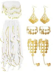 5件套肚皮舞配饰套装，包括肚皮舞腰链、爵士舞性感腰链和脚链（多种颜色可选）。 - 彩色 - 查看 10