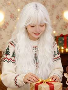 Tóc giả dài 28 inch màu trắng có mái, tóc gợn sóng tự nhiên, tóc giả tổng hợp dành cho nữ, dùng hàng ngày, cosplay, dự tiệc (Trắng, Xanh tím) - Nhiều màu - Xem 4