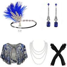 Bộ 5 món: Băng đô lông vũ phong cách retro thập niên 1920, khăn choàng đính sequin, vòng cổ ngọc trai giả, bông tai, găng tay đen - Phụ kiện trang phục cho dạ hội hóa trang, tiệc tùng, váy dạ hội trang trọng, đi biển, kỳ nghỉ, phụ kiện, đồ dùng cần thiết khi đi du lịch. - Nhiều màu - Xem 28