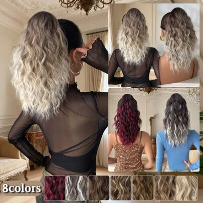  Heypink Claw Shaped Ponytail Extension Hair Accessory Brown Gold Burgundy Gradient Black Color Brown Red And Glonde 16 Inch Long Wave Heat-Resistant Fiber Synthetic Ponytail Wig, Suitable For Women's Parties And Daily Use