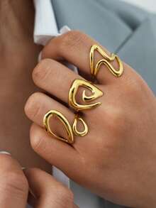 3pcs/1set 18K Gold Plated Abstract Wave Ring Set, 304 Stainless Steel Rings, Polished Shiny Finish, Minimalist Fashion Jewelry For Women, Hypoallergenic Design Suitable For Daily Wear And Party Looks, Ideal For Summer Vacation, Western Jewelry Sliding Rings, Women Beach Accessories, Thick Jewelry - Multicolor - View 4