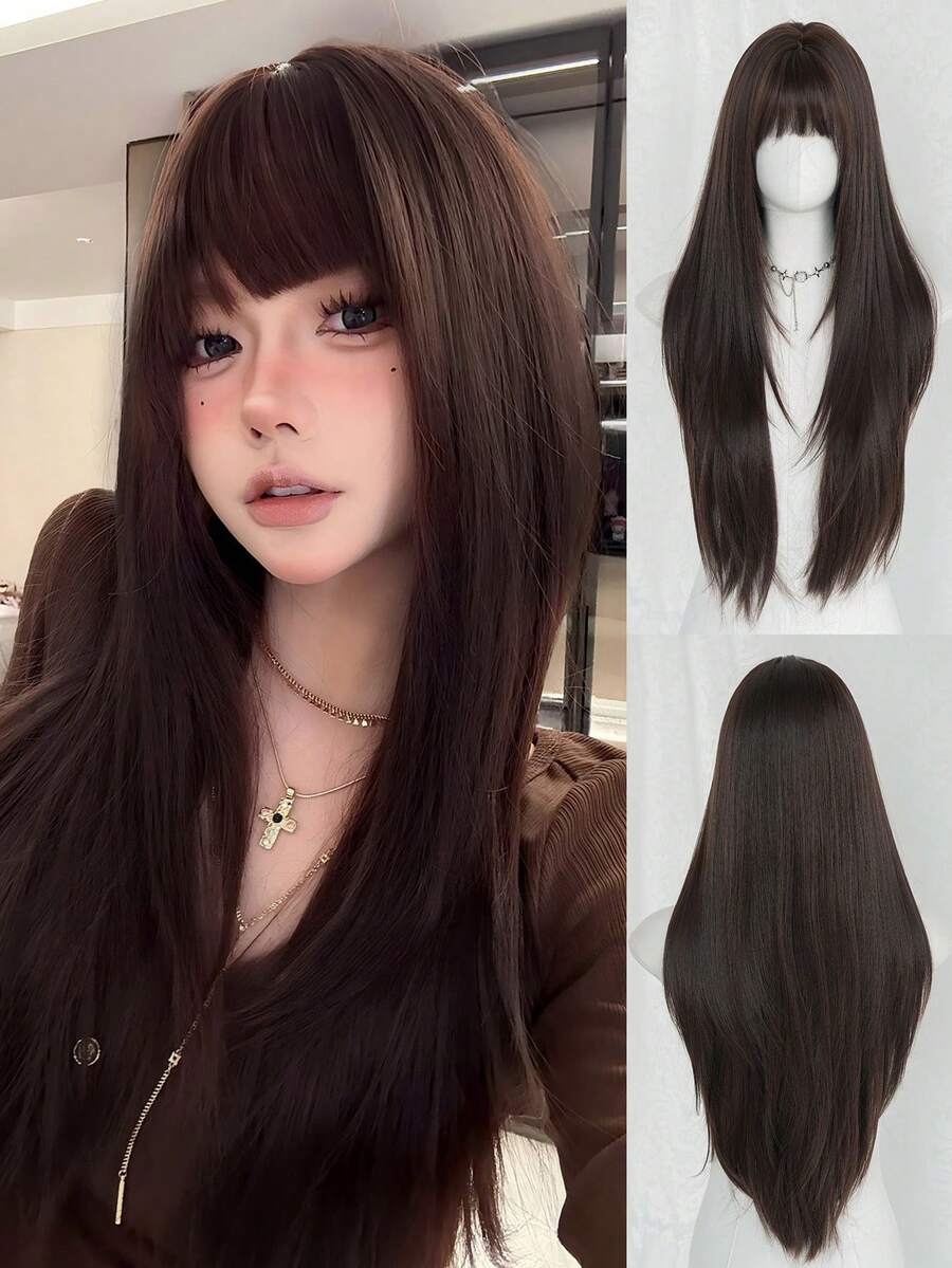 Tóc giả dài 30 inch màu nâu, kiểu tóc thẳng tỉa lớp dành cho nữ - Tóc giả thanh lịch có mái - Chân tóc tối màu, trông tự nhiên, bồng bềnh, rất mềm mại, làm từ sợi tổng hợp chịu nhiệt, tóc giả nguyên đầu, thích hợp cho các cô gái sử dụng hàng ngày, dự tiệc âm nhạc, cosplay, anime, làm quà tặng cho bạn bè. - Cà phê nâu - Xem 1