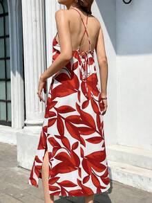 Đầm không tay nữ, vải dệt in họa tiết lá đỏ, thiết kế dây mảnh, kiểu dáng dài cho mùa hè - Đỏ và trắng - Xem 6