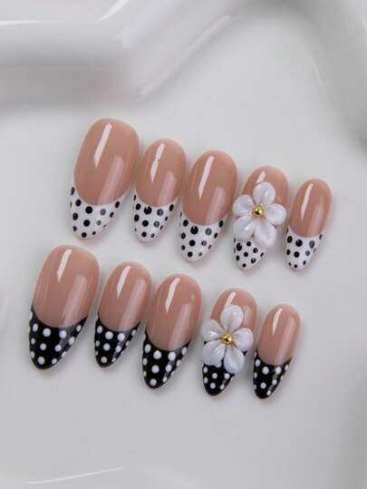 10片/套美甲贴片，杏仁形亚克力甲片，3D立体雕刻花朵，手绘波点。黑白AB彩风格个性化手工装饰美甲。增添时尚感。Y2K风格。优雅大气。手工压制美甲贴片，适合女性和女孩，节日礼物佳选。每套包含一条磨砂条和一小块果冻胶。