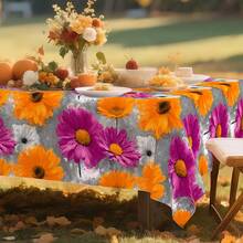 1pc Grey Orange & Purple Floral Tablecloth With Pink\/Gray\/Golden\/Black\/White Blooms - Country & Art Style Rectangular\/Round\/Oval Table Cover For Dining, Parties, Picnics, Christmas - Durable Fabric, Easy-Clean Decorative Table Setting (Pink & Golden Hues) - Machine-Made With Smooth Texture, Suitable For Festive & Outdoor Use, Warm & Cool-Toned Design In Orange & Purple Shades - 彩色 - 查看 1