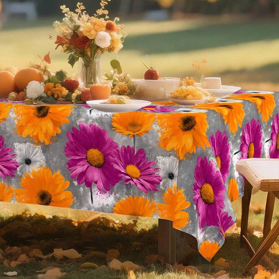 1pc Grey Orange & Purple Floral Tablecloth With Pink\/Gray\/Golden\/Black\/White Blooms - Country & Art Style Rectangular\/Round\/Oval Table Cover For Dining, Parties, Picnics, Christmas - Durable Fabric, Easy-Clean Decorative Table Setting (Pink & Golden Hues) - Machine-Made With Smooth Texture, Suitable For Festive & Outdoor Use, Warm & Cool-Toned Design In Orange & Purple Shades - 彩色 - 查看 1