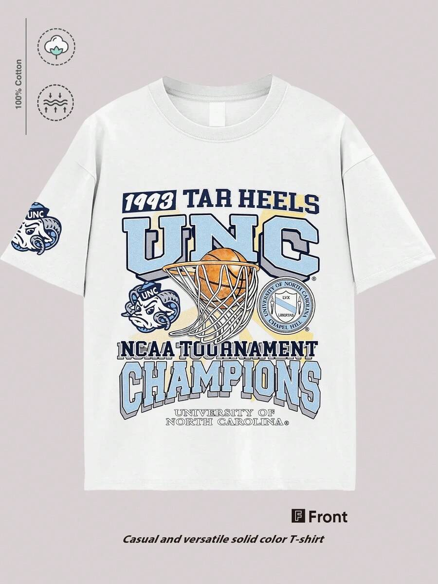 The Mascot Portrait Of The University Of North Carolina Basketball Team, "1993 TAR HEELS," Commemorates The Tournament, A College Basketball Commemorative Theme T-Shirt, A UNC Rams Mascot Pattern T-Shirt, And A Must-Have Outfit For Sports And Culture Enthusiasts 100% Pure Cotton T-Shirt With Youthful And Fashionable Design. Very Suitable For Casual Wear And Street Style Dressing. They Are Excellent Gifts For Friends And Family. - trắng - Xem 1