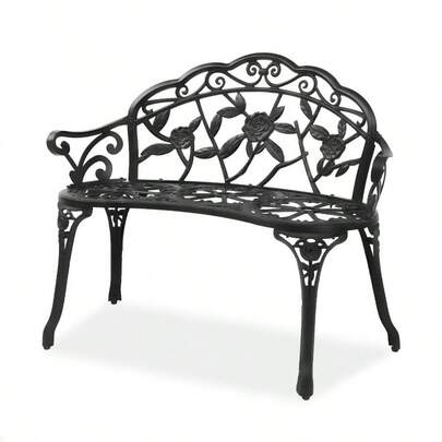 38.5" Patio Park Garden Outdoor Metal Rose Bench, 2-Person Cast Iron Cast Aluminium Frame Antique Finish Chair,Accented Lawn Front Porch Path Yard Decor Deck Furniture