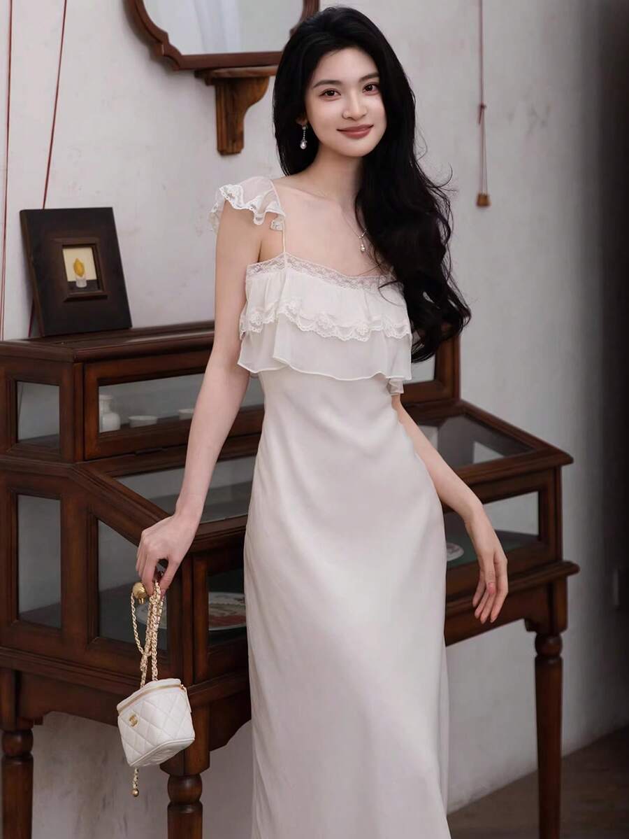 Y6Y - Đầm slip không tay ren xếp ly tinh tế kiểu Pháp mùa hè mới - trắng - Xem 1