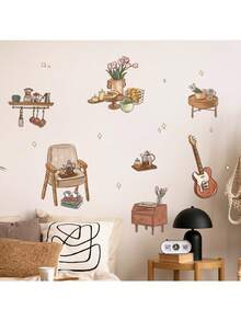 Adesivo de parede autoadesivo com sofá vintage, conjunto de chá, cristaleira e guitarra para quarto ou sala de estar. Tema vintage criativo, material PVC, pintura de parede divertida, decoração removível, design colorido e fofo. - Sofá, conjunto de chá, floreira, guitarra - Ver 4