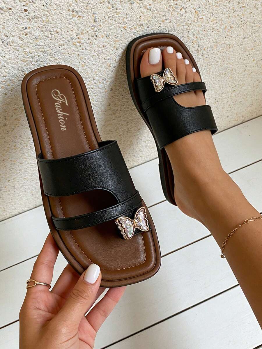 Women's Slides Sliders, Butterfly Design, Summer Shoes, Toe Ring Sandals, Women's Black Sandals, Women's Flat Sandals, Summer Sandals, Comfortable Women's Sandals, Sandals, Women's Outdoor Slippers, Flat Sandals, Apartment, Beach Vacation Elegant Slippers (Runs 2 Sizes Small)