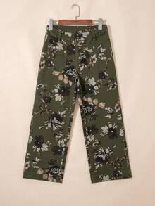 Vintage Floral Print Square Patch Pocket High Waist Wide-Leg Jeans - Green - View 16