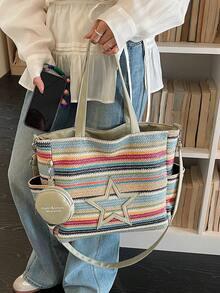 Nueva bolsa de lona casual y de moda con patrón de estrella yúltiples bolsillos, incluida una monedero - Multicolor - Ver 4