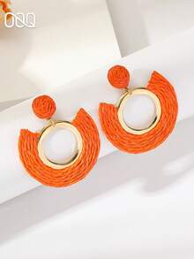 OOQ 1 Pair Bohemian Style Handmade Woven Rattan Geometric Hollow Hoop Earrings, Creative Sweet Rattan Woven Hollow Hoop Earrings Suitable For Women's Daily, Vacation, And Party Wear (Handwoven Style Is Random, Handmade May Have Slight Glue Residue) - Orange - View 2