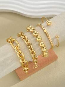 5件套时尚简约优雅复古几何串珠手链套装，包含圆形、方形、多边形珠子，CCB材质，金属质感，超大尺寸设计，适合节日、派对、日常佩戴 - 金黃色 - 查看 6