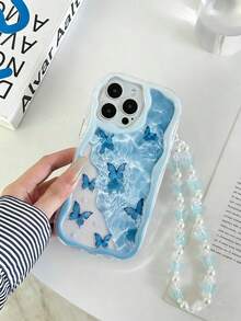 Ốp điện thoại chống rơi hình bướm, viền lượn sóng, màu kem, bóng bẩy, kèm vòng tay đính hạt thủ công, tương thích với iPhone 16/11/16pro/16plus/16promax/16e/15Promax/13/14/12 - Nhiều màu - Xem 2