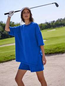 Women's Oversized Summer Casual 2 Piece Tracksuit Set Pullover Top & Shorts - 克萊茵藍 - 查看 3