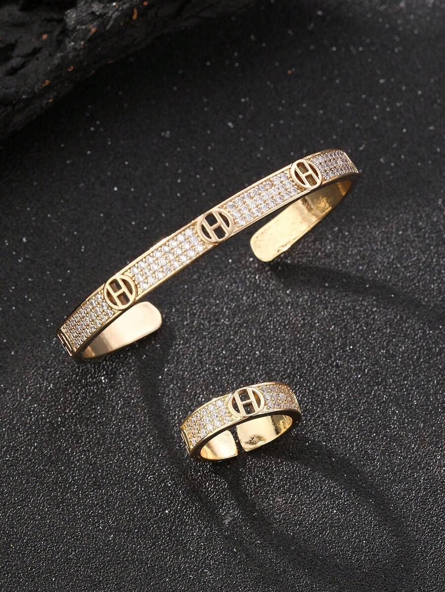 1 set Bracelet et bague pour femmes à la mode et élégant avec zircone cubique, bracelet et bague plaqués or, bracelet et bague plaqués argent, options de double couleur, convient pour un port quotidien, cadeau idéal, plats du Ramadan, cadeaux de l'Aïd el-Fitr et de l'Aïd el-Adha - H - Voir 1
