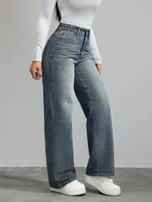 Teen GirlButterfly Embroidered Washed Wide Leg Jeans, Versatile For Daily Wear Or School - Medium Wash - View 5