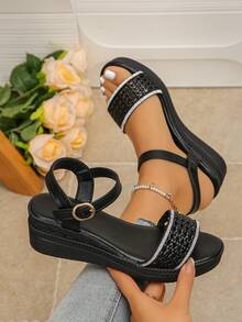 Women's Simple Gold Wedge Sandals, Fashionable And Elegant, Comfortable And Versatile, Suitable For Daily Wear And Outdoor Activities In Summer - Black - View 2