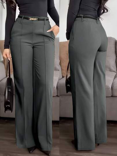 Quần tây ống đứng màu trơn, cài nút, khóa kéo và có túi của ZY Clothing, chất liệu vải cao cấp, màu xám đậm, thích hợp mặc đi làm hàng ngày vào mùa xuân/hè, quần áo công sở thường ngày dành cho nữ cỡ lớn.