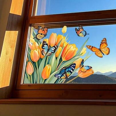 1 pièce Film de fenêtre amovible et auto-adhésif avec autocollants en verre colorés de tulipes et de papillons - Décalcomanies PVC DIY et à coller, convient pour les portes et les panneaux de verre - Application facile, retrait sans résidu, intimité, décoration