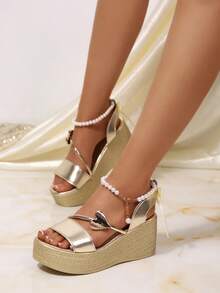 2026 Summer Metal Buckle Flip Flops, Plus Size Slip-On Beach Sandals With Thick Soles For Women - Gold - View 2