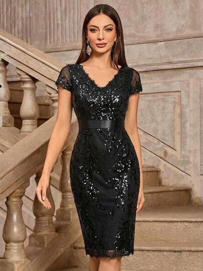 EVERPRETTY Luxury Sequin Floral V-Neck Sleeveless Cocktail Party Bodycon Dress, Elegant Women's Summer Black Wedding Guest Dress, Mother Of The Bride Formal Evening Gown, Gold Formal Prom Dress Suitable For Wedding And Party